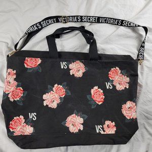 Victoria Secret Black Pink Floral Messenger Bag Duffel Travel Casual Storage